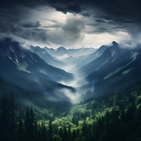 Fantastic foggy landscape of mountains. Dramatic overcast skyの素材