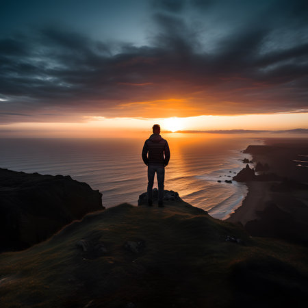 Man standing on the top of a cliff and looking at the sunsetの素材