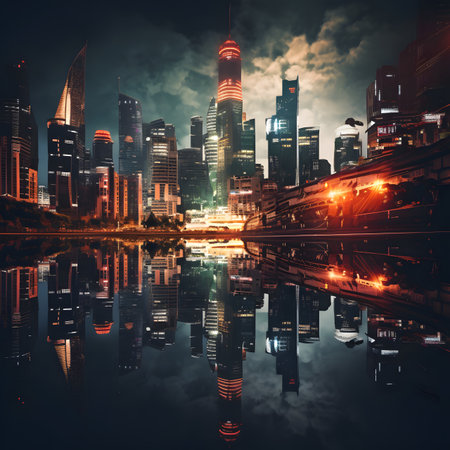 Shanghai skyline in the evening. China. Double exposure.の素材