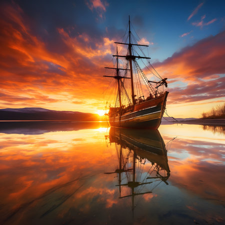 Old sailboat on the lake at sunset. Beautiful seascape.の素材