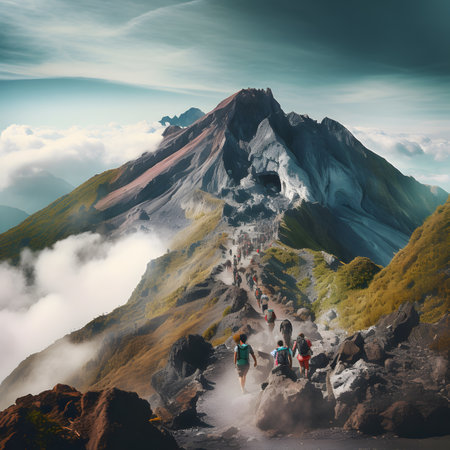 Group of hikers walking on the top of the mountain in the cloudsの素材