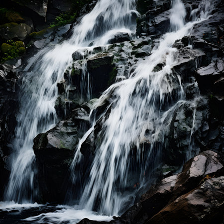 Waterfall in the mountains. Shallow depth of field. Toned.の素材