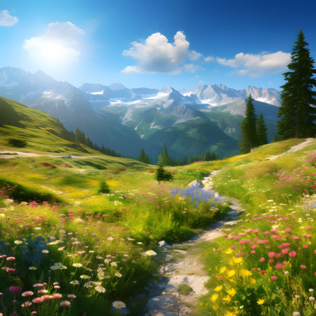 Mountain landscape with meadow and flowers. Digital painting illustration.の素材