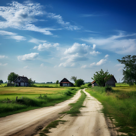 Country road and blue sky with white clouds. Countryside landscape.の素材