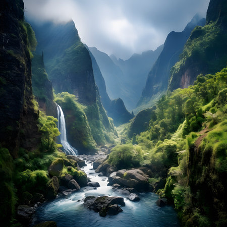 Waterfall in the mountains of Madeira island, Portugal. Long exposureの素材