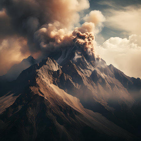 Volcanic eruption with smoke and ash. 3D illustration.の素材