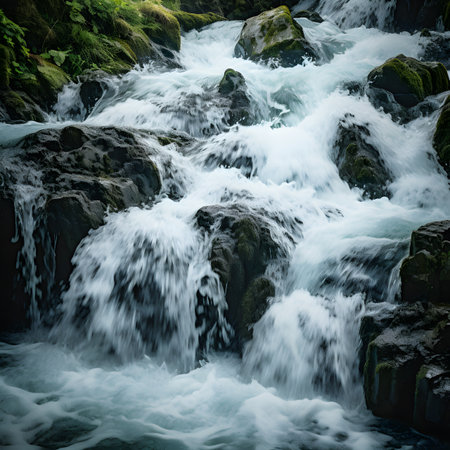 Long exposure of a waterfall flowing over rocks in a green forest.の素材