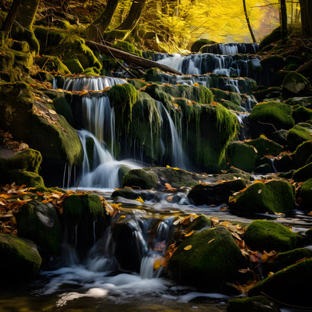 Beautiful waterfall in autumn forest with yellow leaves and green moss.の素材