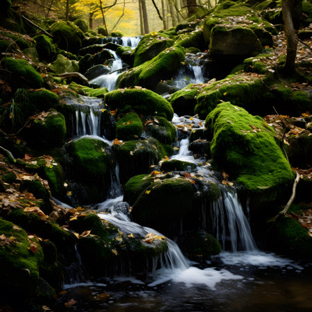 Mossy rocks and small waterfall in autumn forest. Selective focus.の素材