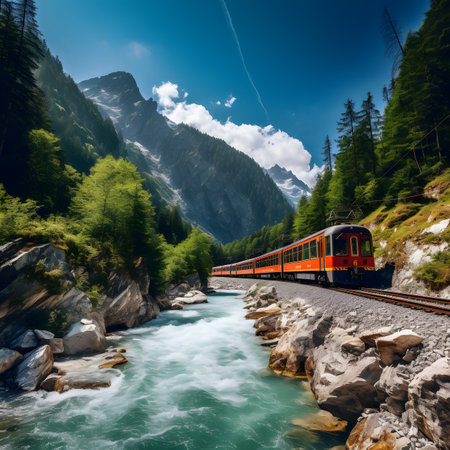 Train in the Alps. Train on the background of the mountain river.の素材