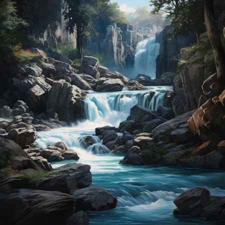 Waterfall in the forest. Digital painting. 3D illustration.の素材