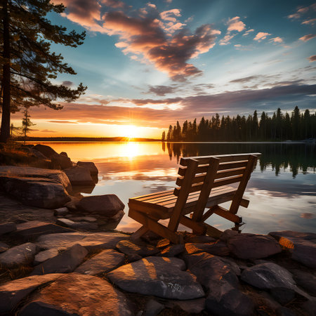 Wooden bench on the shore of a lake at sunset in Finlandの素材