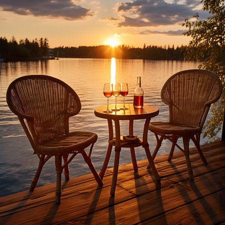 Wooden table with two glasses of red wine and two wicker chairs near the lake at sunsetの素材
