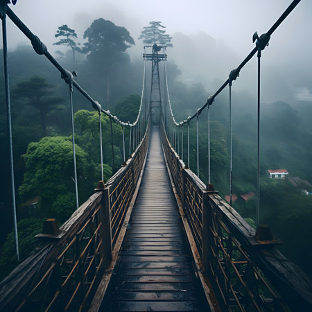 Suspension bridge in the misty morning. Bali island, Indonesiaの素材