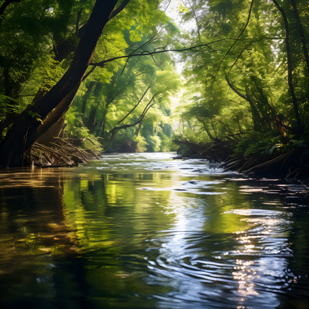 Green forest and river in the morning light. Beautiful nature background.の素材