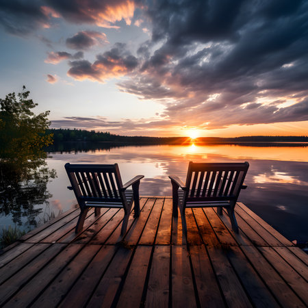 Two chairs on a wooden pier on a lake at sunset in summerの素材