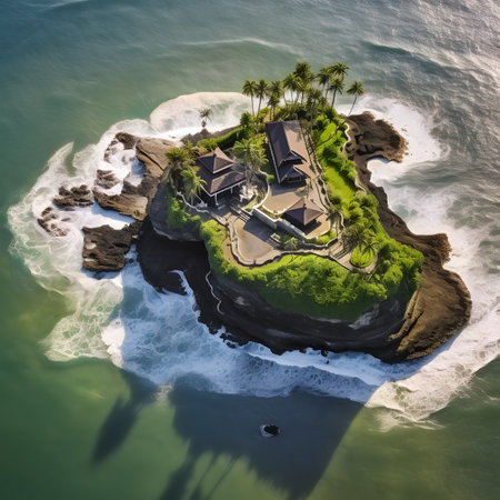 Aerial view of beautiful villa on a small island in oceanの素材