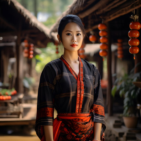 Beautiful asian woman wearing kimono in the traditional villageの素材