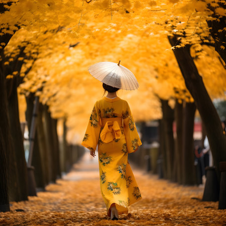 Japanese woman in kimono walking in autumn alley with yellow leavesの素材