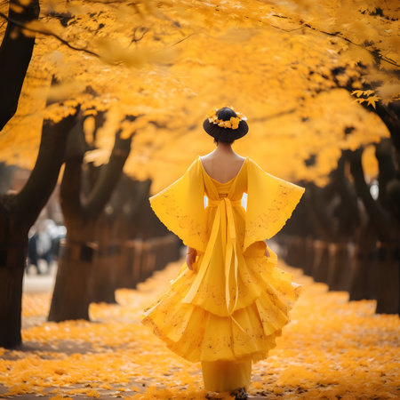 Beautiful asian woman in yellow dress walking in autumn park.の素材