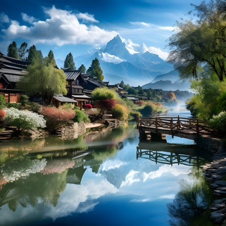 Landscape view of traditional chinese architecture in Yunnan, Chinaの素材