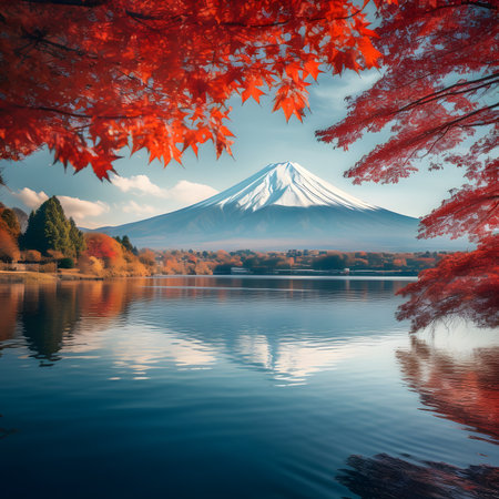 Fuji mountain with maple leaf background in autumn season, Japan.の素材