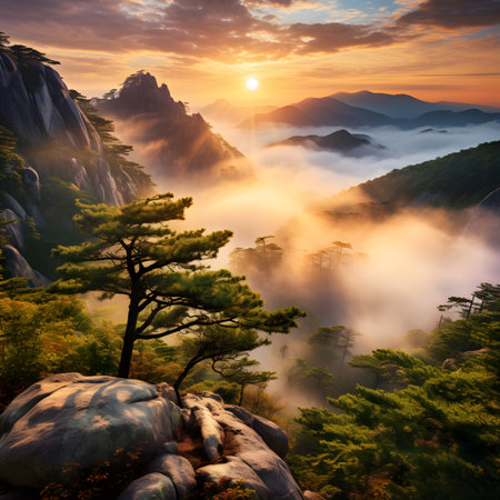 Mountain landscape with pine trees at sunrise in Huangshan, Chinaの素材