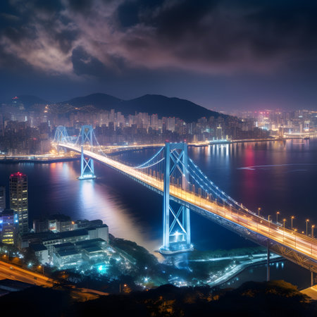 Tsing Ma Bridge in Hong Kong city at night, China.の素材