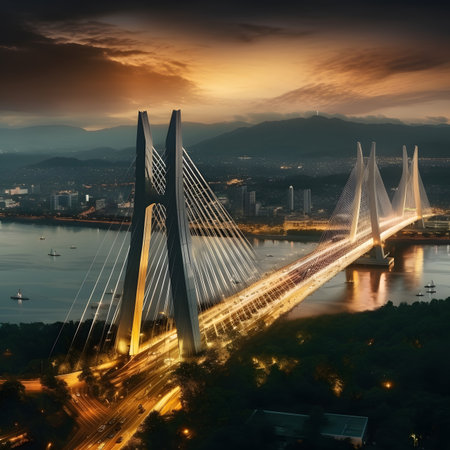 Suspension bridge in the city at sunset,3d renderingの素材