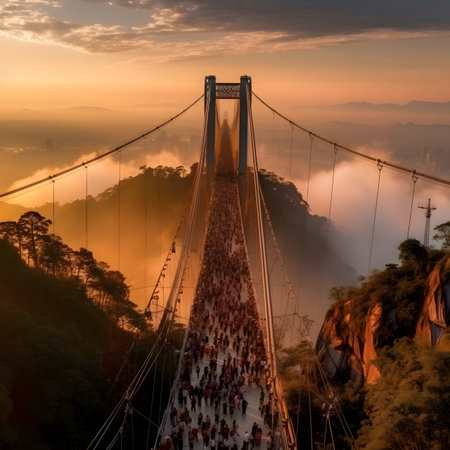 Suspension bridge over the river at sunrise in the morning.の素材