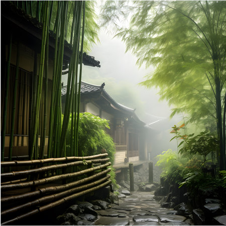 Chinese ancient architecture in the misty garden with bamboo fence and stone pathの素材