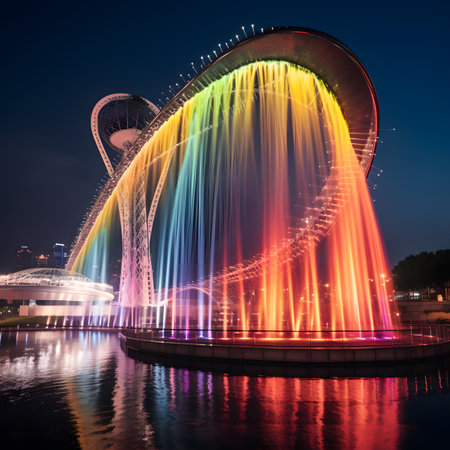The world famous Merlion fountain in Singapore at nightの素材