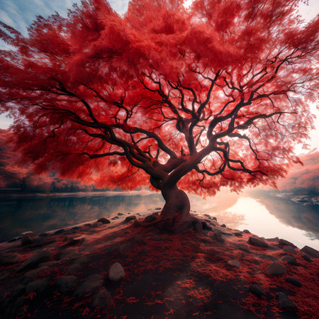 Red tree on the shore of the lake, 3d render.の素材