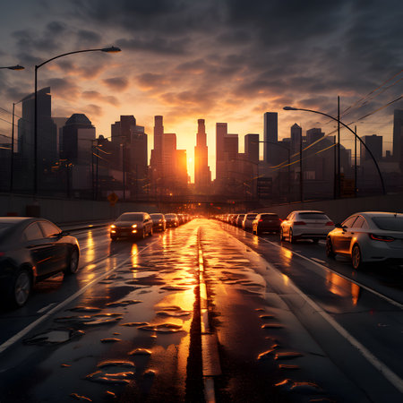 Car traffic on the road in the city at sunset. Traffic jam concept.の素材