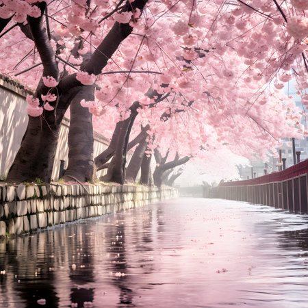 Cherry blossoms in full bloom along a canal in Tokyo, Japanの素材