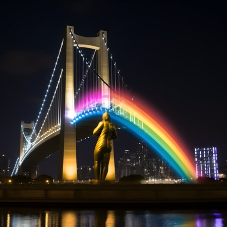 The Rainbow Bridge at night in Hangzhou, China. The Rainbow Bridge is a suspension bridge in Hangzhou, China.の素材
