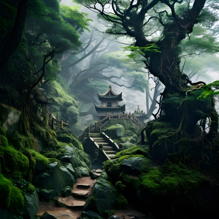 Chinese temple in a misty forest. 3d rendering. Computer digital drawing.の素材