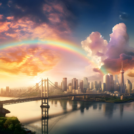 Rainbow over the city at sunset, New York City, USAの素材