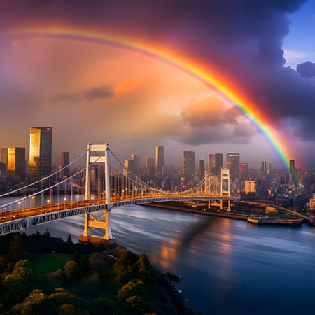 Rainbow over the Rainbow Bridge in the city of Seoul, South Koreaの素材