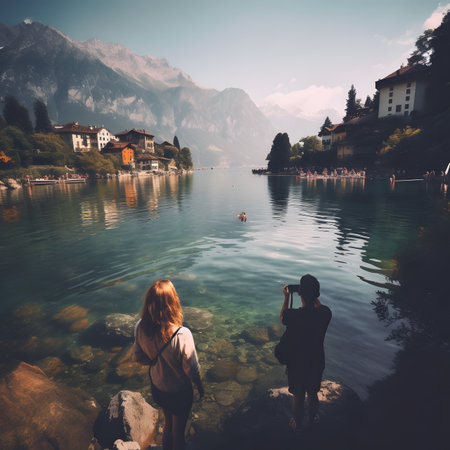 Young couple taking a photo of the lake at sunset in Hallstatt, Austriaの素材