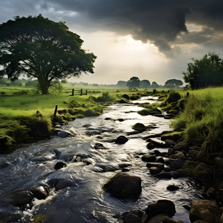 Landscape of a river flowing through the fields in the countryside of Sri Lankaの素材