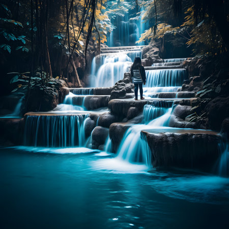 Woman standing at Erawan Waterfall, Kanchanaburi, Thailandの素材