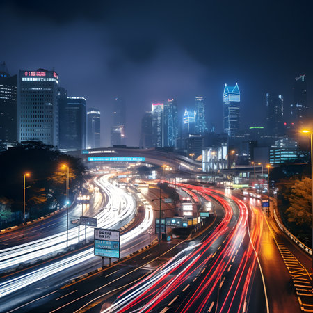 the light trails on the modern building background in shanghai china.の素材