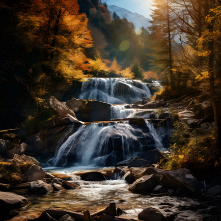 Waterfall in the forest at sunset. Beautiful autumn landscape in the mountains.の素材