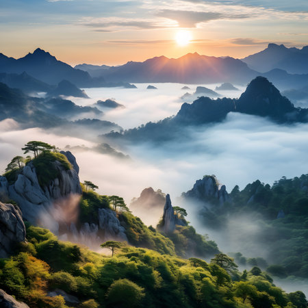 Sunrise over the misty mountain range in Huangshan, Chinaの素材