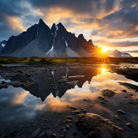 Beautiful sunset over the mountains. Landscape with mountains and clouds.の素材