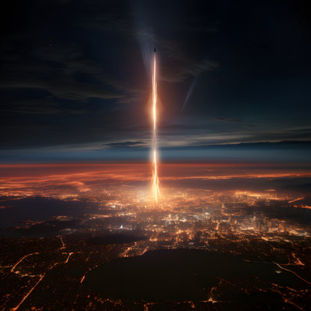 3D illustration of a rocket launch over a city at night.の素材