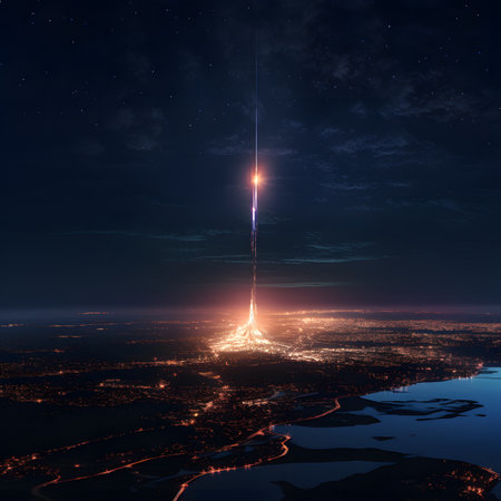 3d illustration of a meteorite in the night sky over the cityの素材