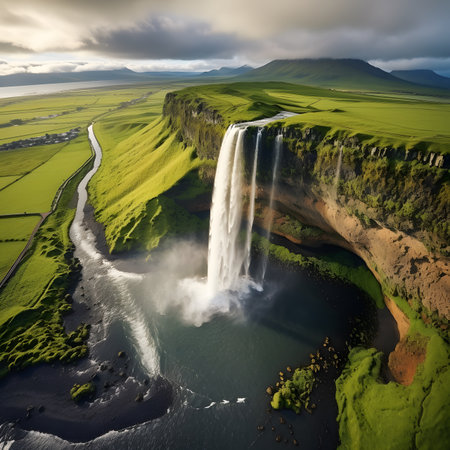 Aerial view of Seljalandsfoss waterfall in Icelandの素材