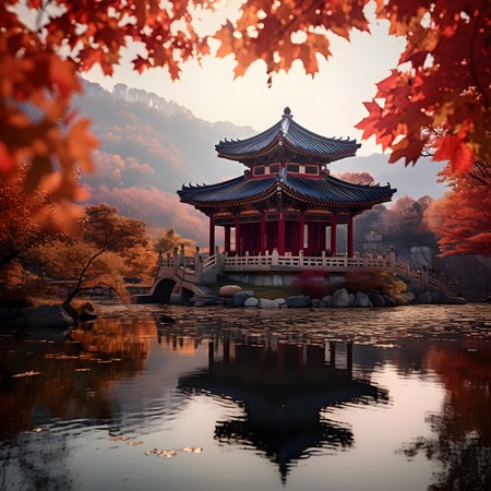 Autumn landscape with Chinese pavilion and lake in the mountains.の素材
